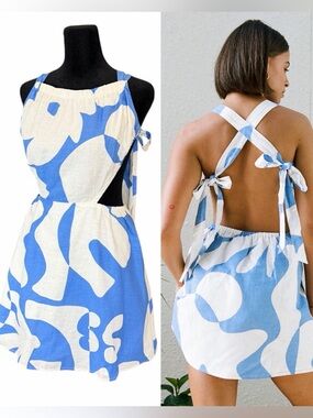 SABO Avaleigh Dress Cutout Linen Cotton Blue White Coastal Vacation Summer US 6